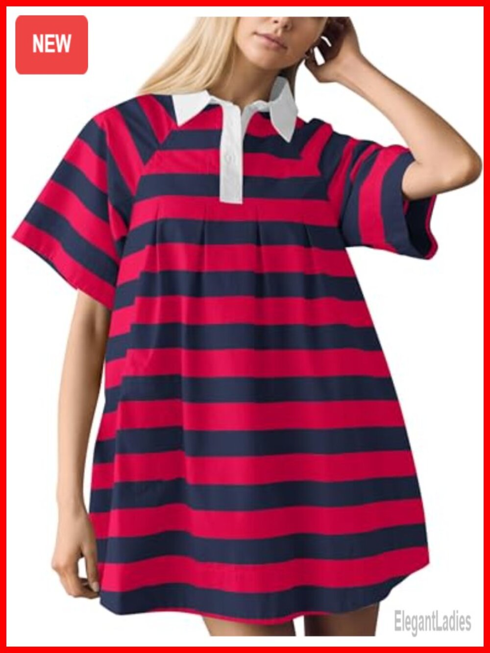 Women's Striped Polo Mini Dress Pleated Babydoll Shirt Dress Pocket